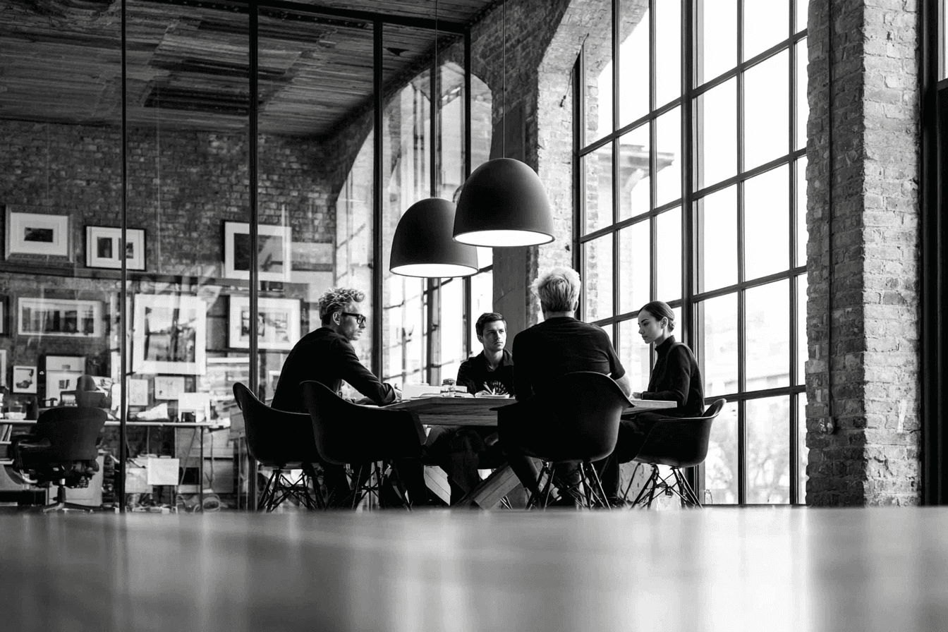  Collaborative work session overhead view of six people collaborating at a rustic wooden table with coffee, papers, and a laptop