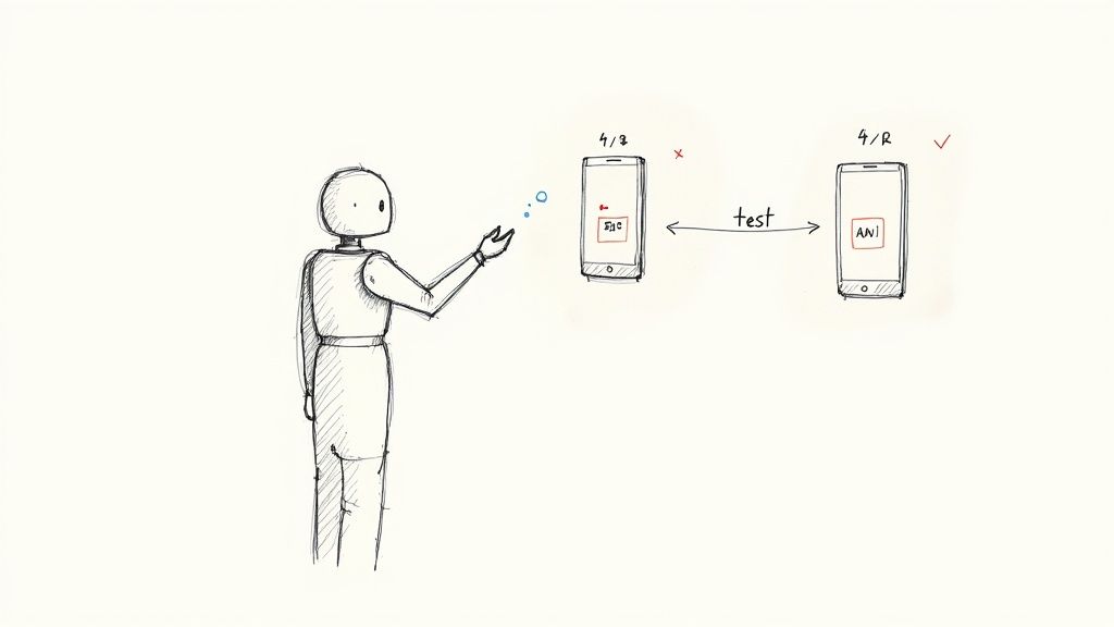 A sketch shows a person interacting with two smartphones, one failing a test (ANC) and one succeeding (ANI).