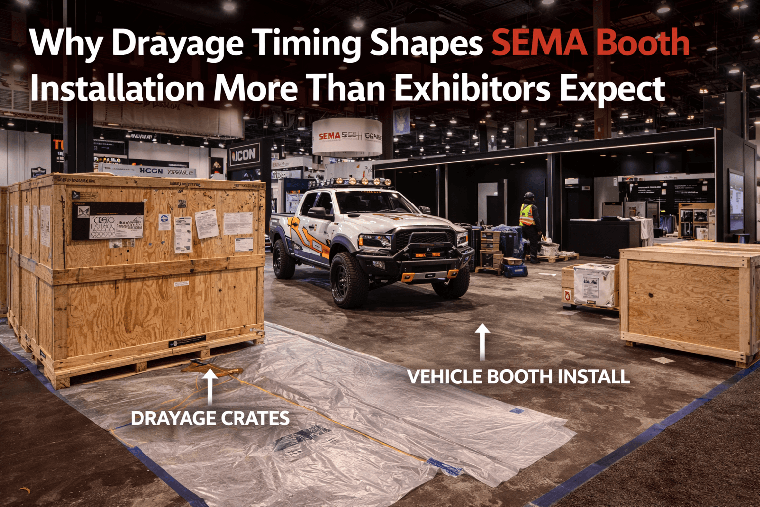 SEMA booth installation in Las Vegas with drayage crates, a display vehicle, protected floor covering, and active setup work around the booth