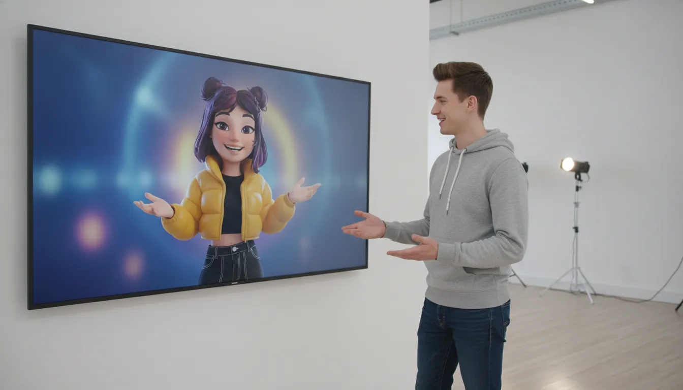 A person chatting with an animated AI virtual avatar on a large screen