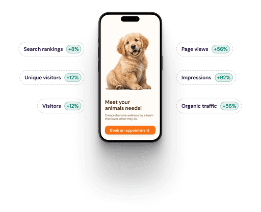 Animal hospital website on a phone screen showing different analytics blurbs