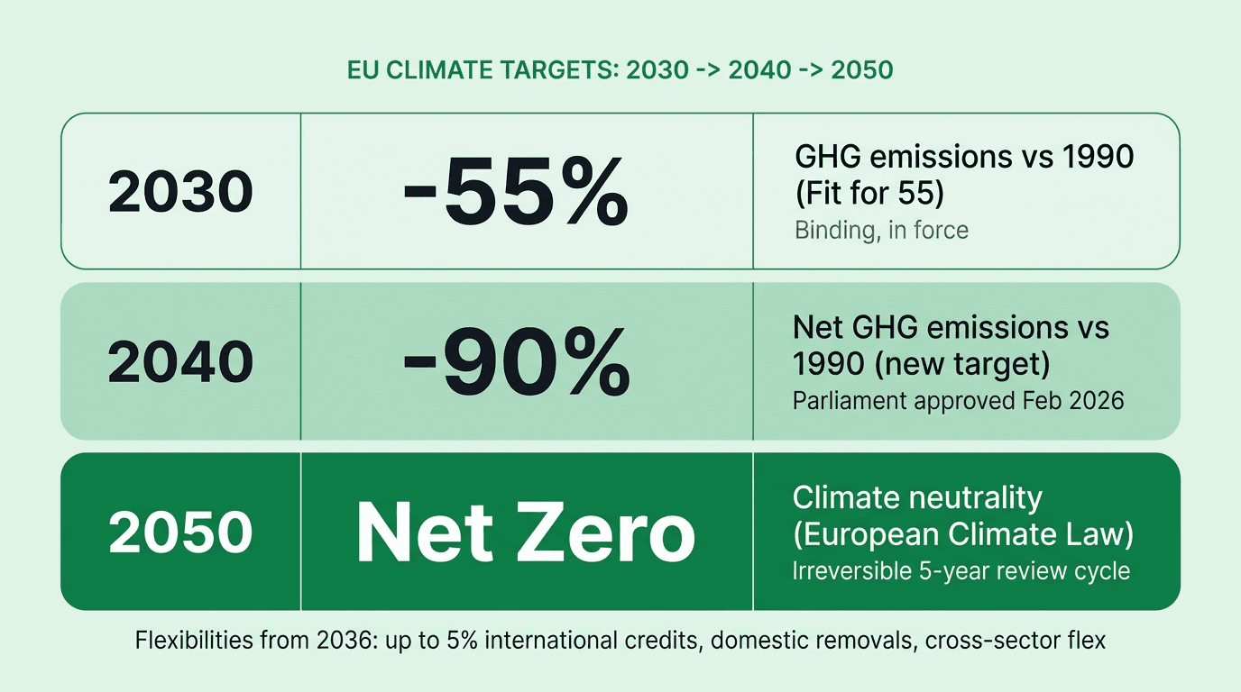 Stacked bar chart showing EU climate targets for 2030, 2040 and 2050, used to frame long-range Fit for 55 compliance planning