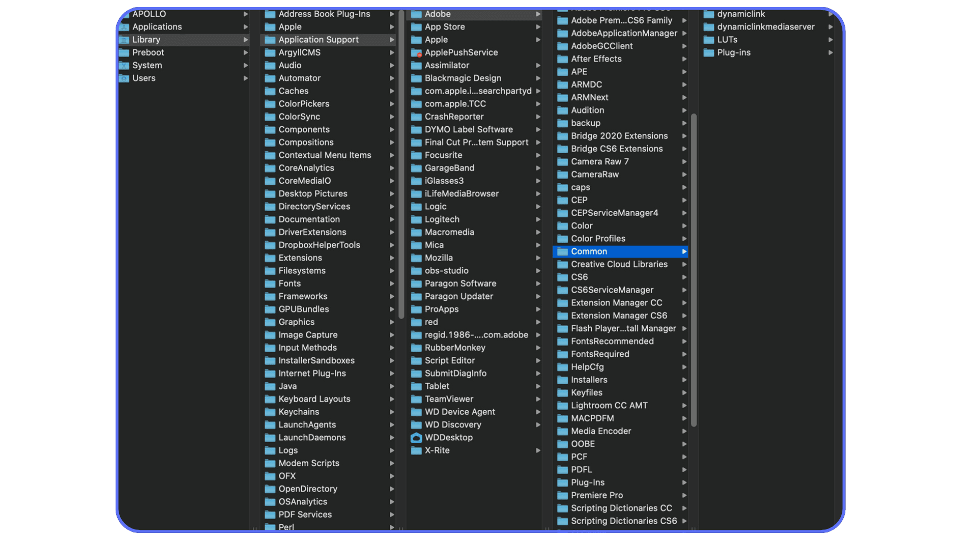 macOS system folders showing where to install LUTs for Adobe Premiere Pro