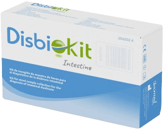 Envase del DISBIOKIT de Isomed Pharma — kit para recogida de muestra de heces con el fin de realizar un estudio de disbiosis intestinal y caracterización de la microbiota intestinal.