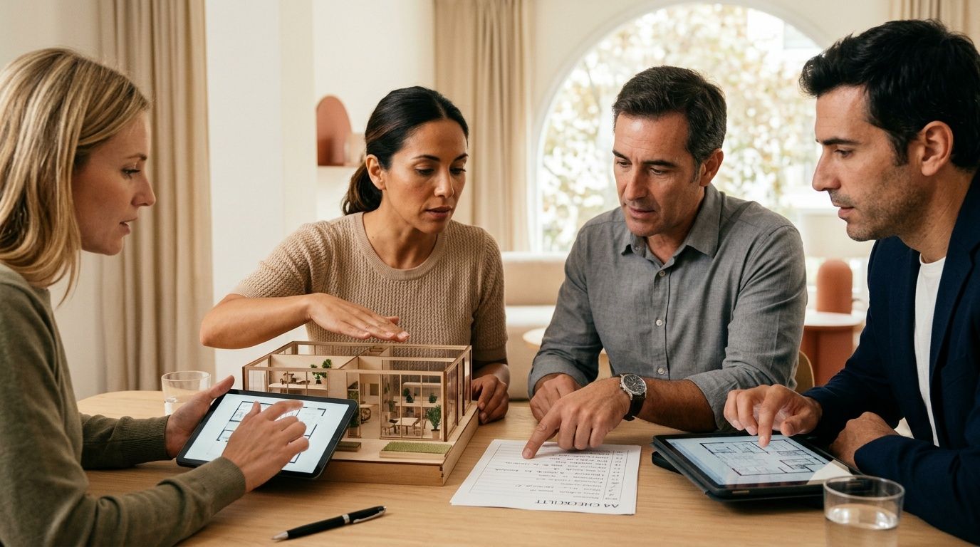 Cuatro personas, dos hombres y dos mujeres, discuten planos arquitectónicos y un modelo de casa en una mesa.