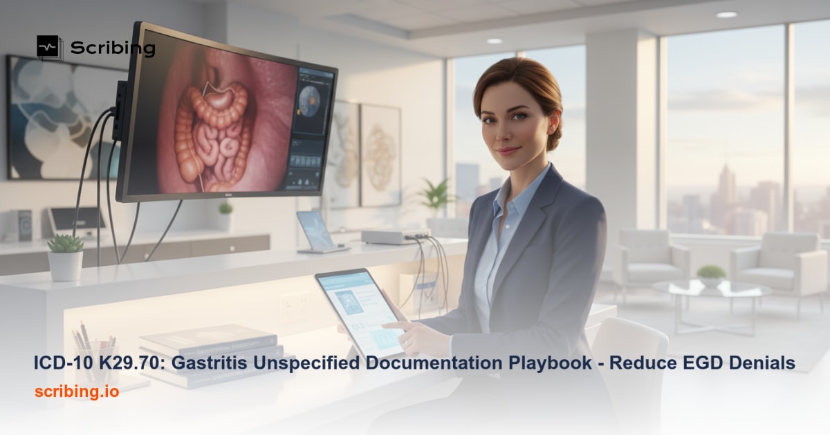 Clinical documentation checklist and endoscope representing ICD-10 K29.70 gastritis unspecified documentation standards for gastroenterologists