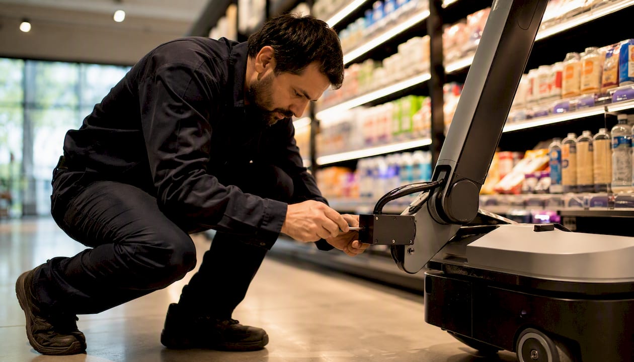Technician adjusting retail stocking robot