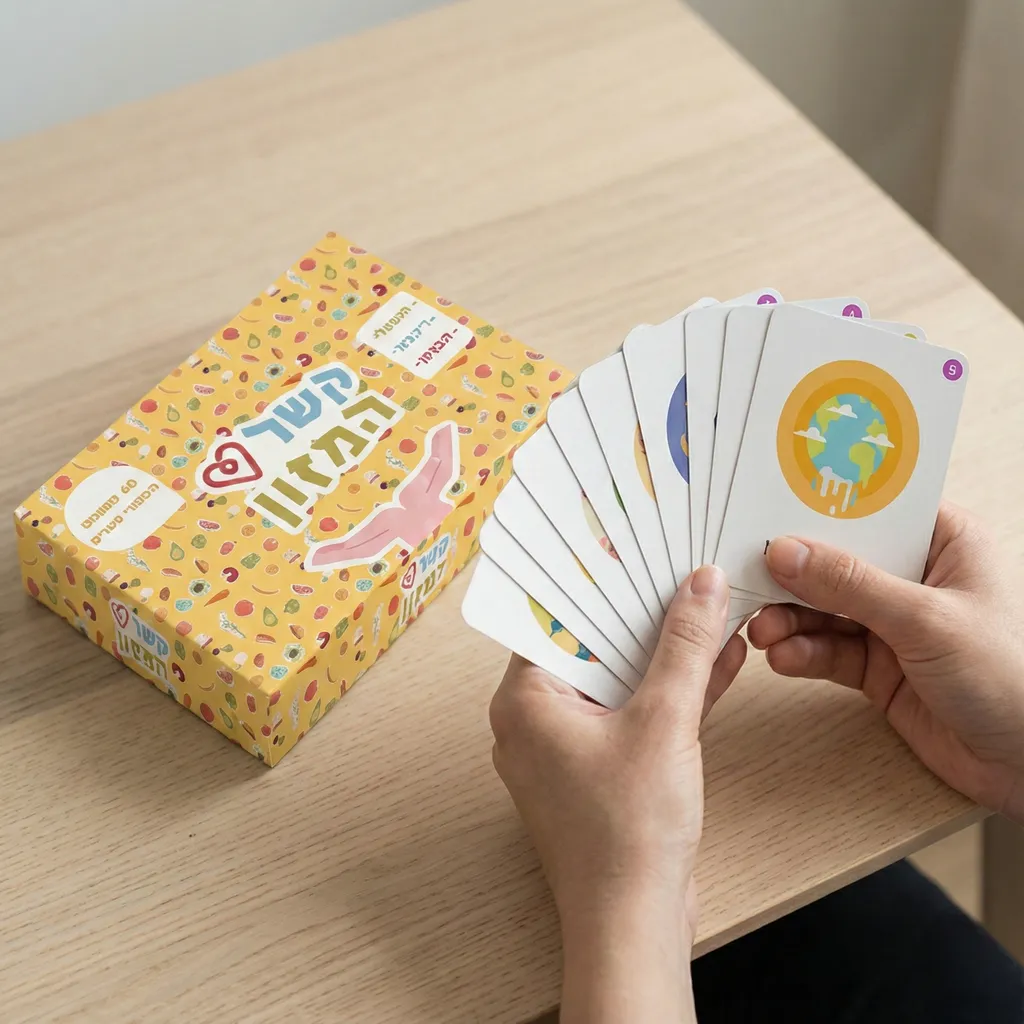Hands holding a fan of cards from the "Food Connection" eco-educational game, displayed next to its vibrant yellow packaging box.