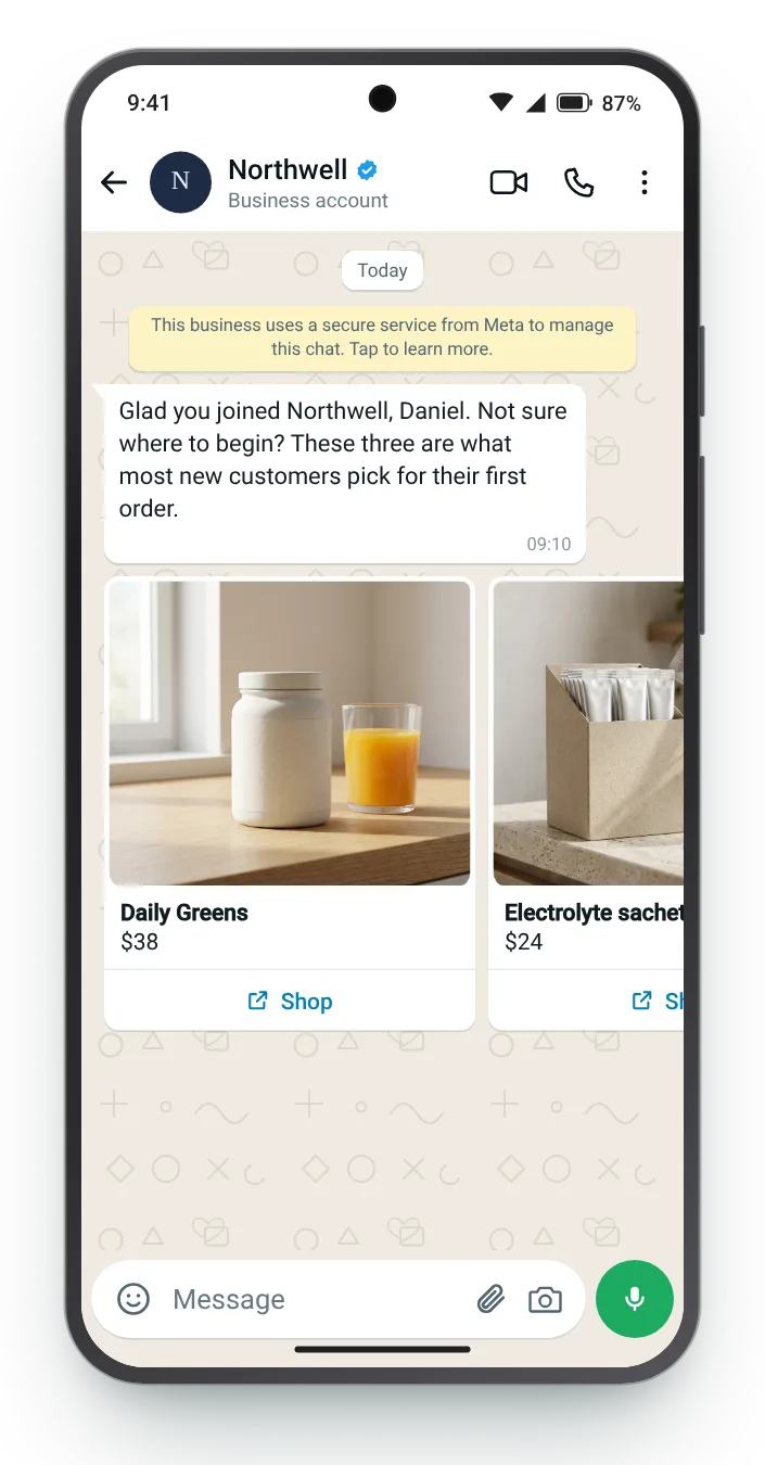 Where first-time customers usually start: WhatsApp greeting message on an Android phone