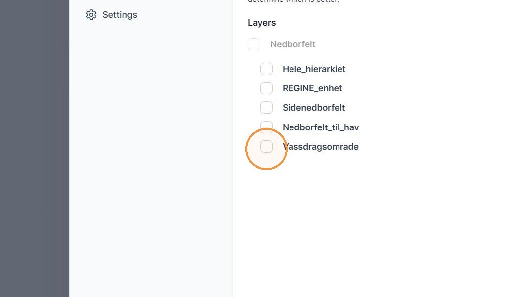 Steg 8: Velg kartlagene som skal vises. I dette tilfellet er vi interessert i feltet "Vassdragsomrade".