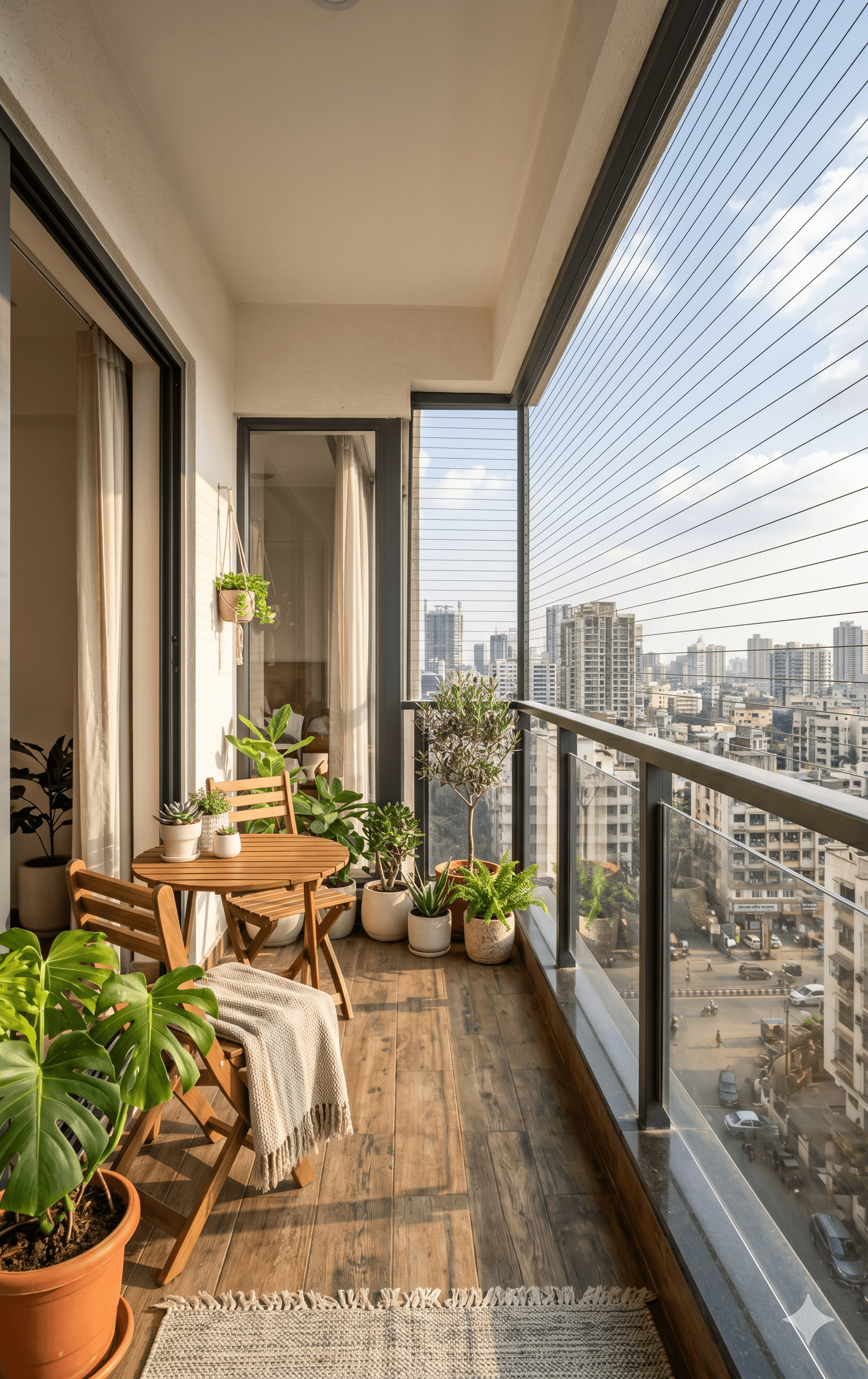 Balcony with invisible grill installation in Indian apartment, providing safety while maintaining open view and airflow