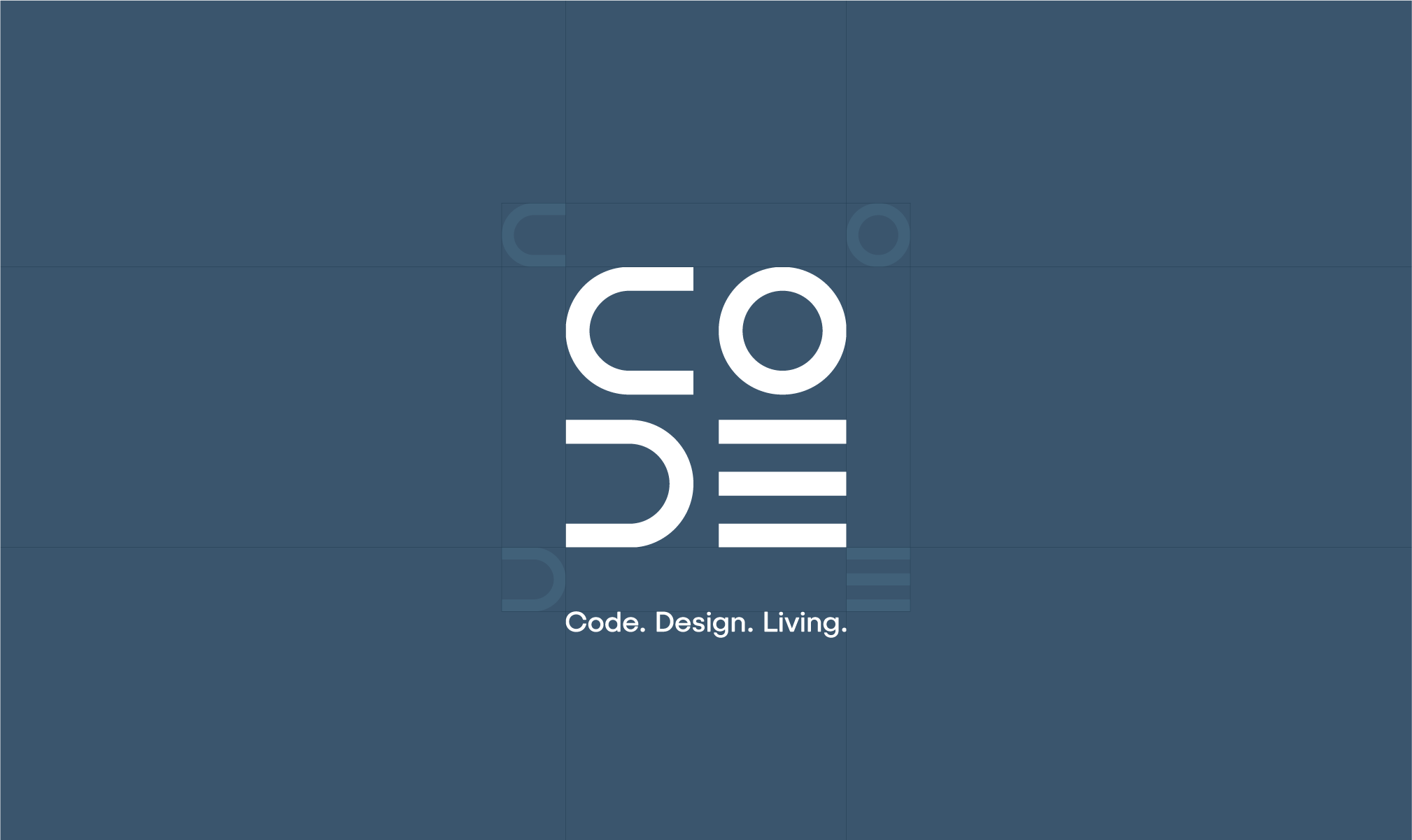 CODE logo design with modular geometric lettering and the tagline “Code. Design. Living.” on a blue background.