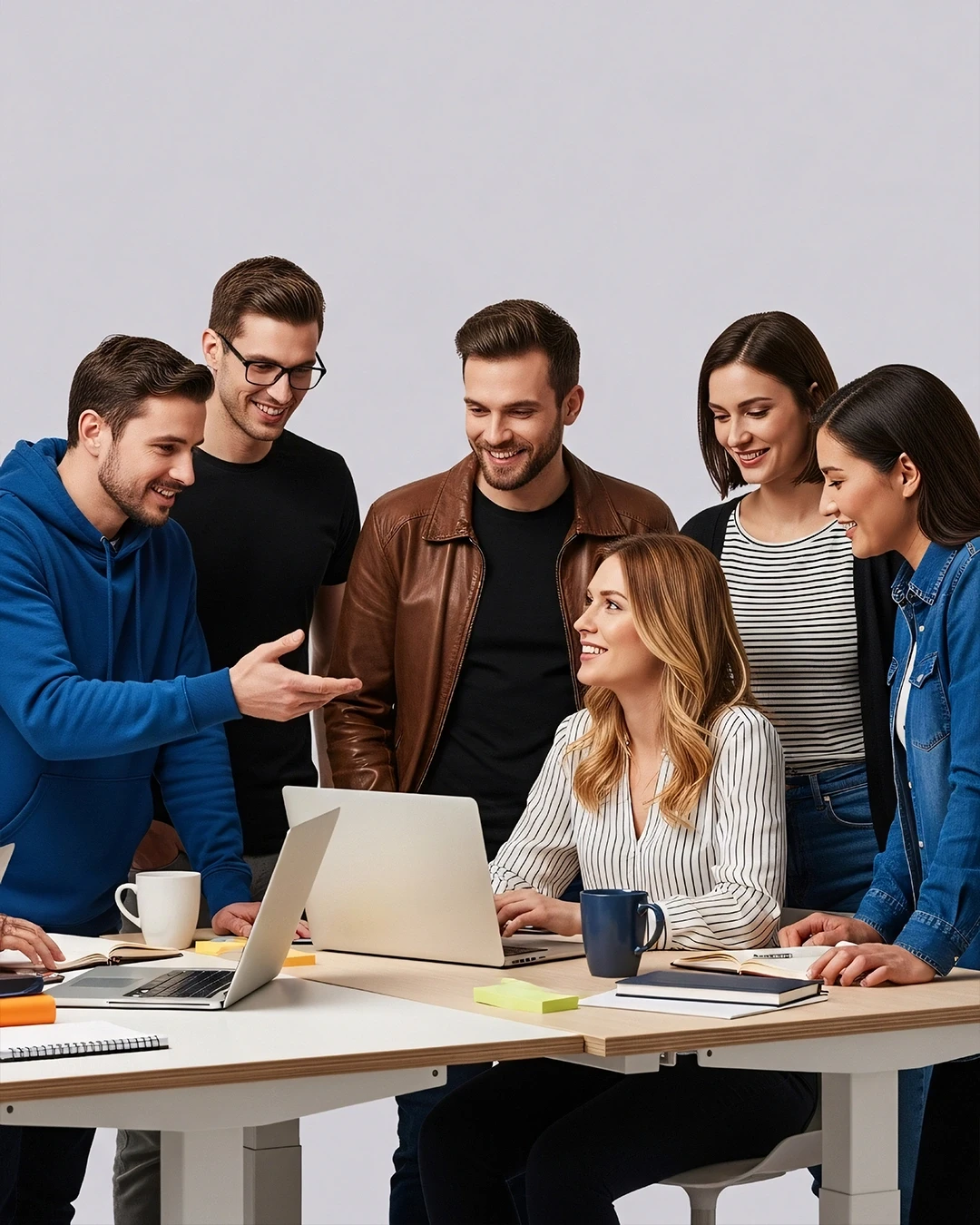 Young professionals collaborate at a table with laptops and notebooks, creating a productive atmosphere.