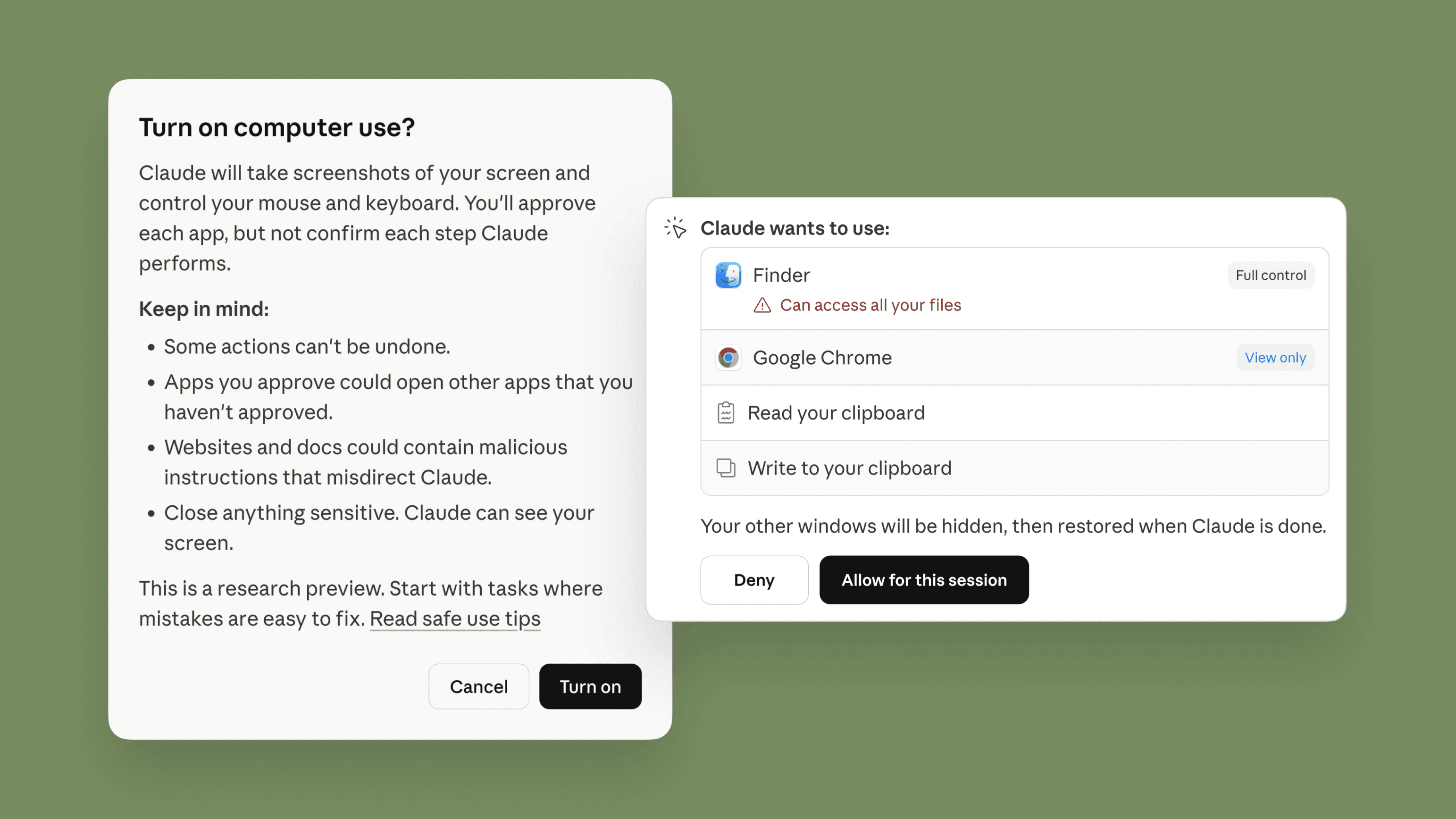 Claude computer-use permission screen showing application access controls