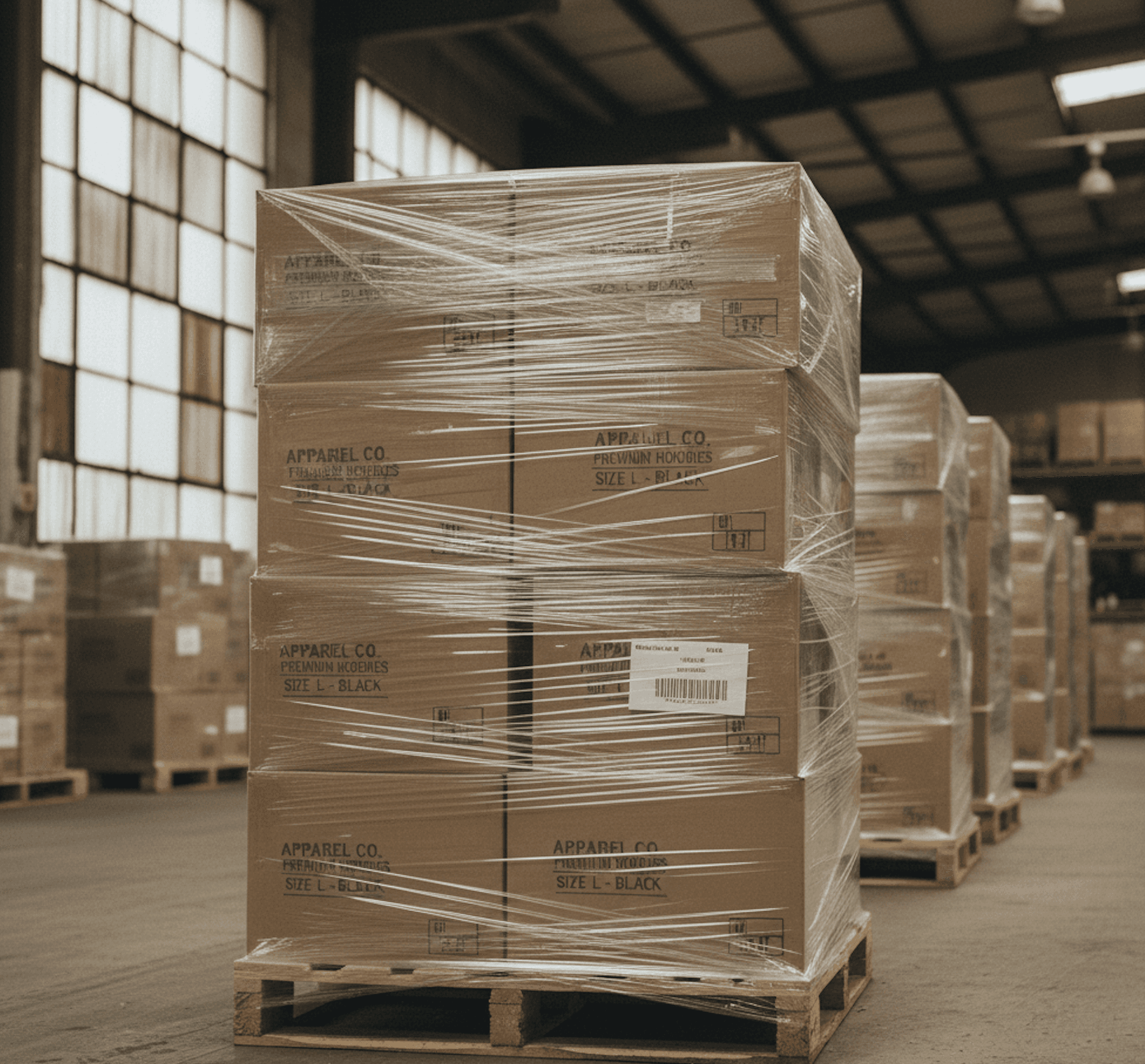 Boxes being wrapped on pallets