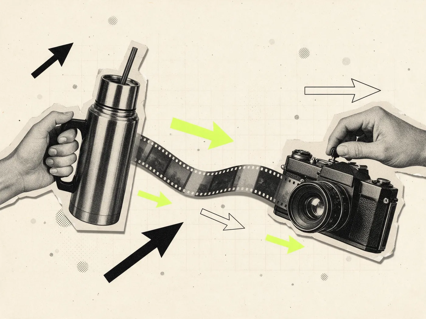 Colagem vintage com mão segurando garrafa térmica e câmera de cinema de manivela, capa sobre vídeo publicitário com IA
