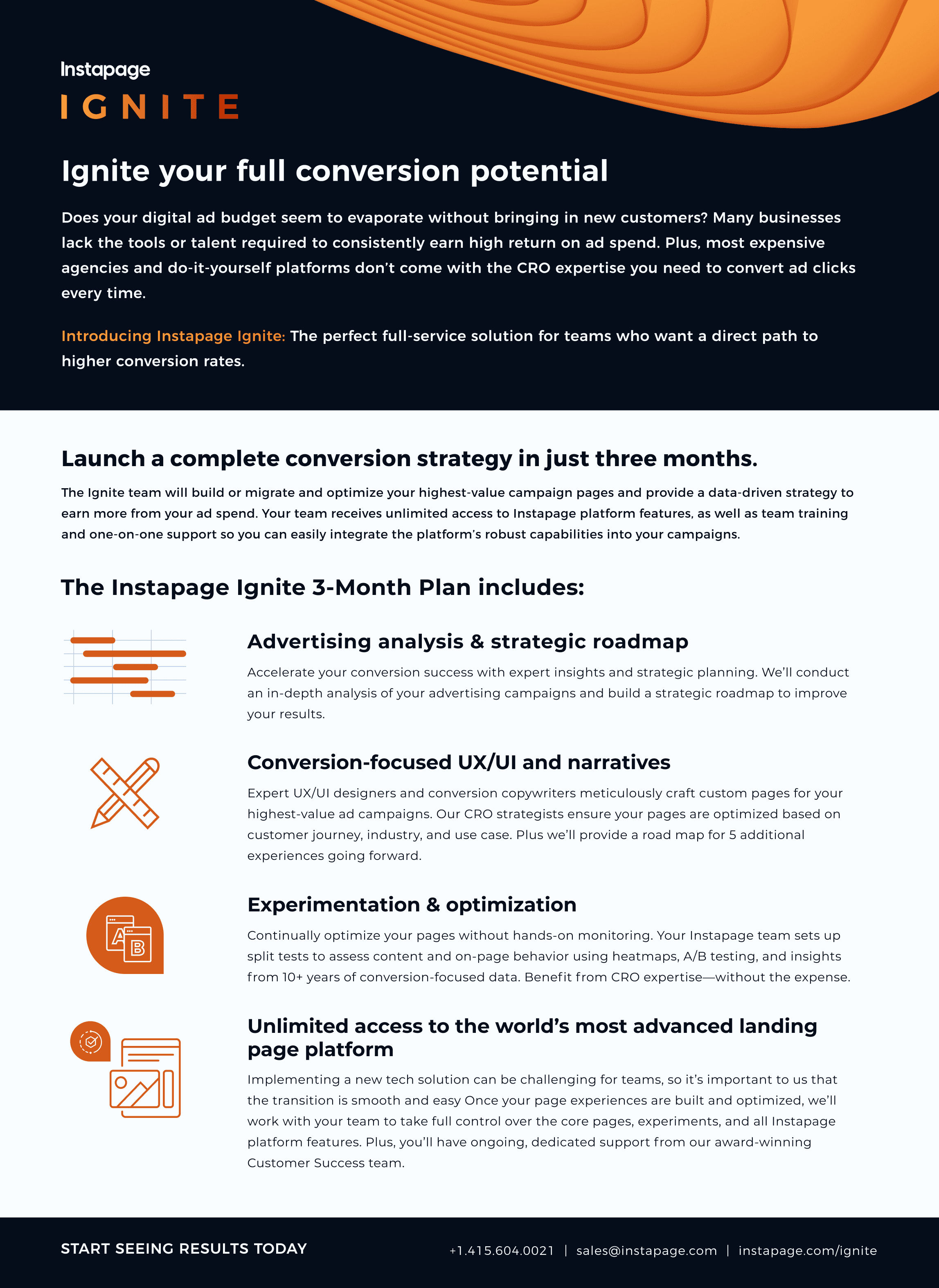 one-pager branded layout design features upsell of B2B tech enterprise offering a 3-month plan which includes advertising analysis, strategic roadmap, and conversion-focused UX/UI