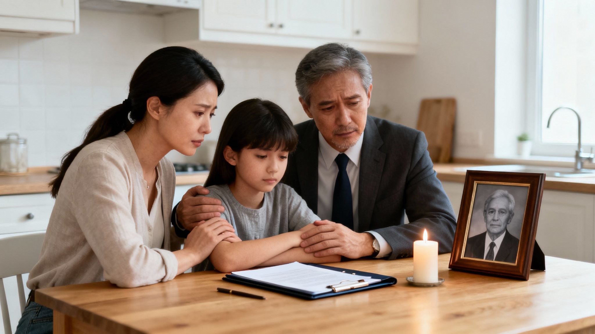 A grieving Asian family sits at a table with a deceased man's photo, legal document, and lit candle.