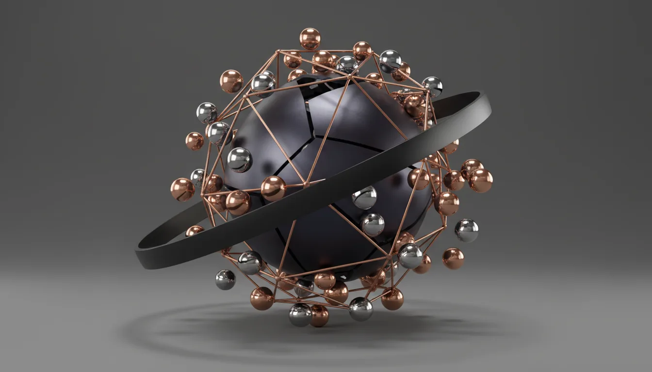 A high-fidelity 3D render of a complex abstract object, Blender style, featuring a large central sphere made of a dark satin material. The sphere is partially deconstructed and encased in a delicate, geometric copper wireframe cage. Dozens of small, highly reflective polished chrome and rose gold spheres are scattered and float around the main structure. Two thick, matte black bands orbit the sphere. The entire composition is set against a clean, dark grey studio backdrop with soft global illumination creating subtle reflections and shadows.