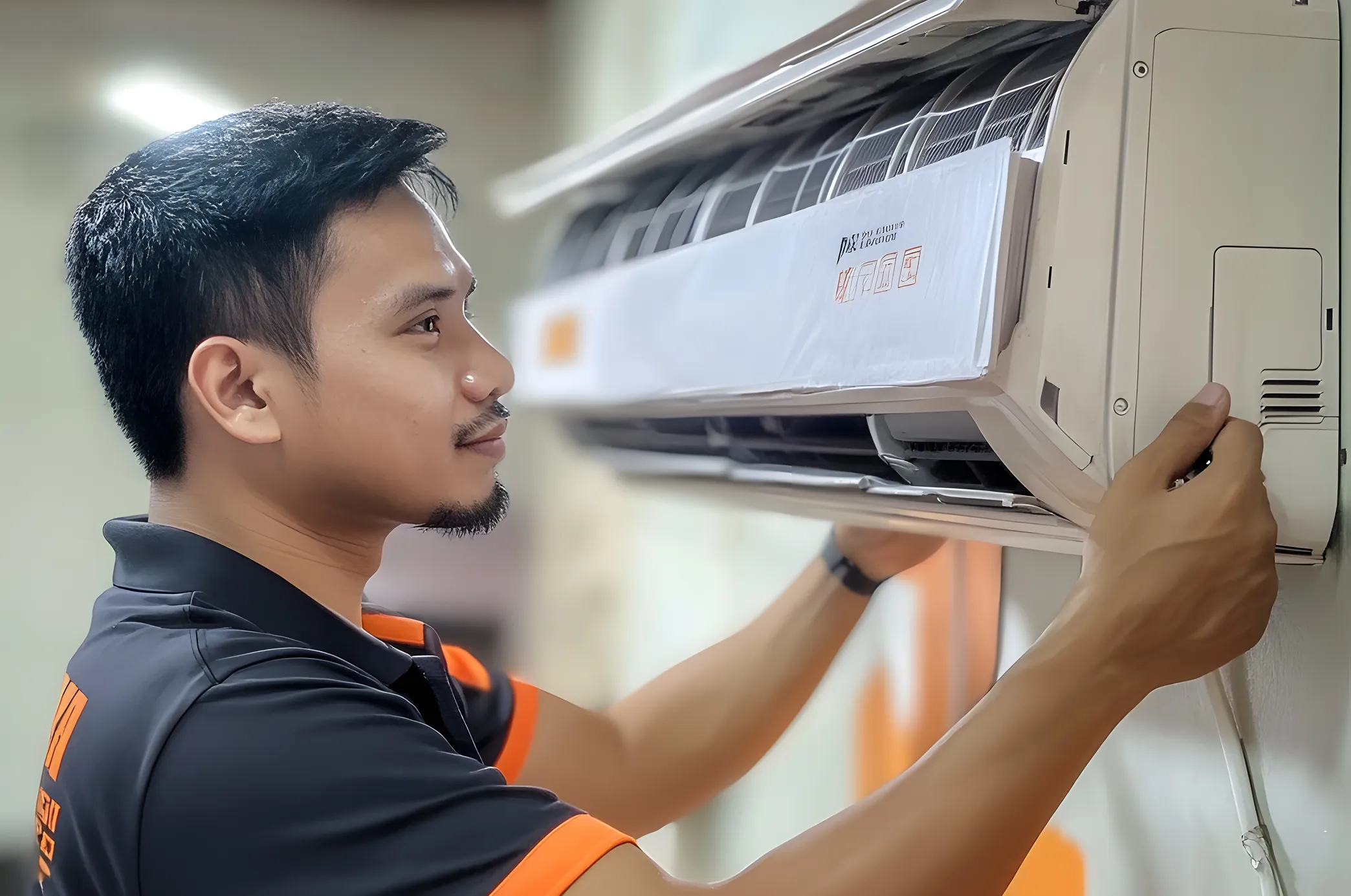 Asian HVAC technician opening the cover of a wall-mounted indoor air conditioning unit for maintenance.