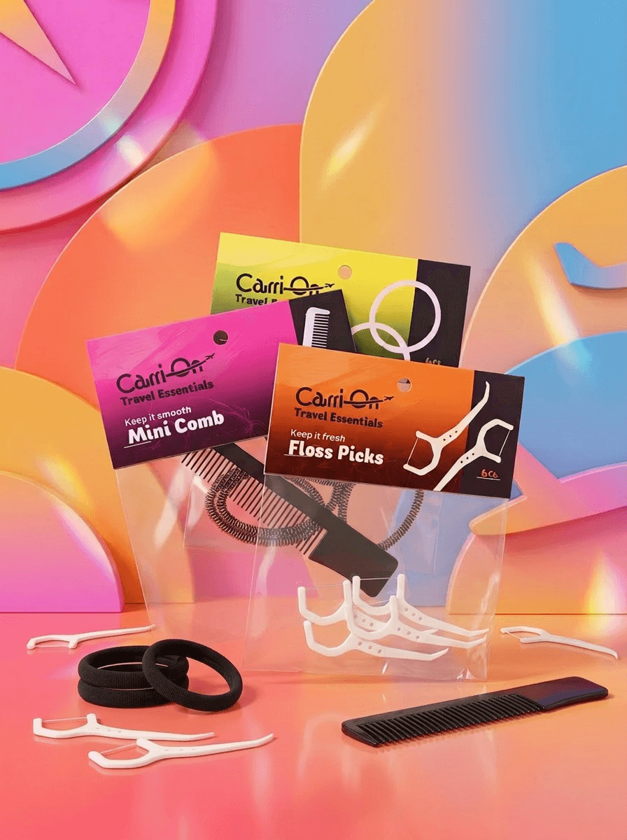 A vivid, colorful wordless ad display of small plastic bags with cardstock header pieces, containing hair ties, a mini comb, and floss picks.