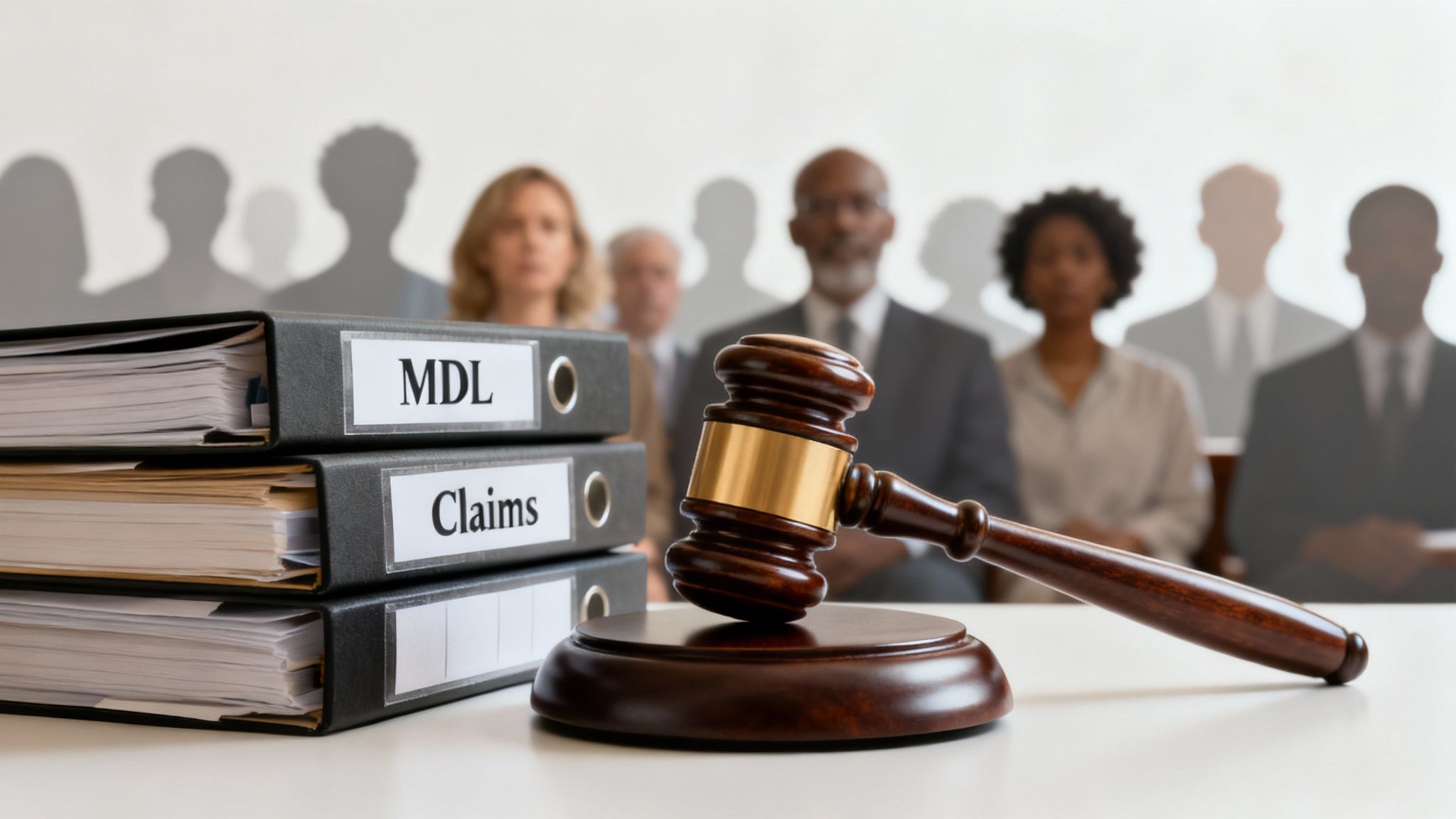 Judge gavel with MDL and Claims binders representing multidistrict litigation for defective medical devices