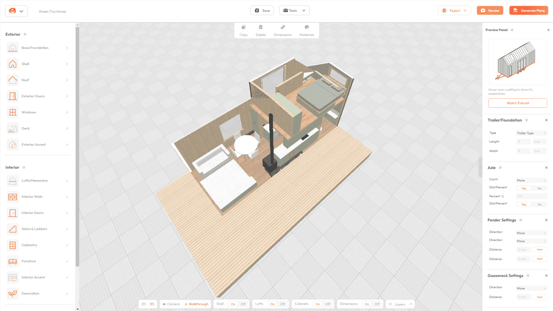 Green Tiny House model in 3D Tiny House Design Software
