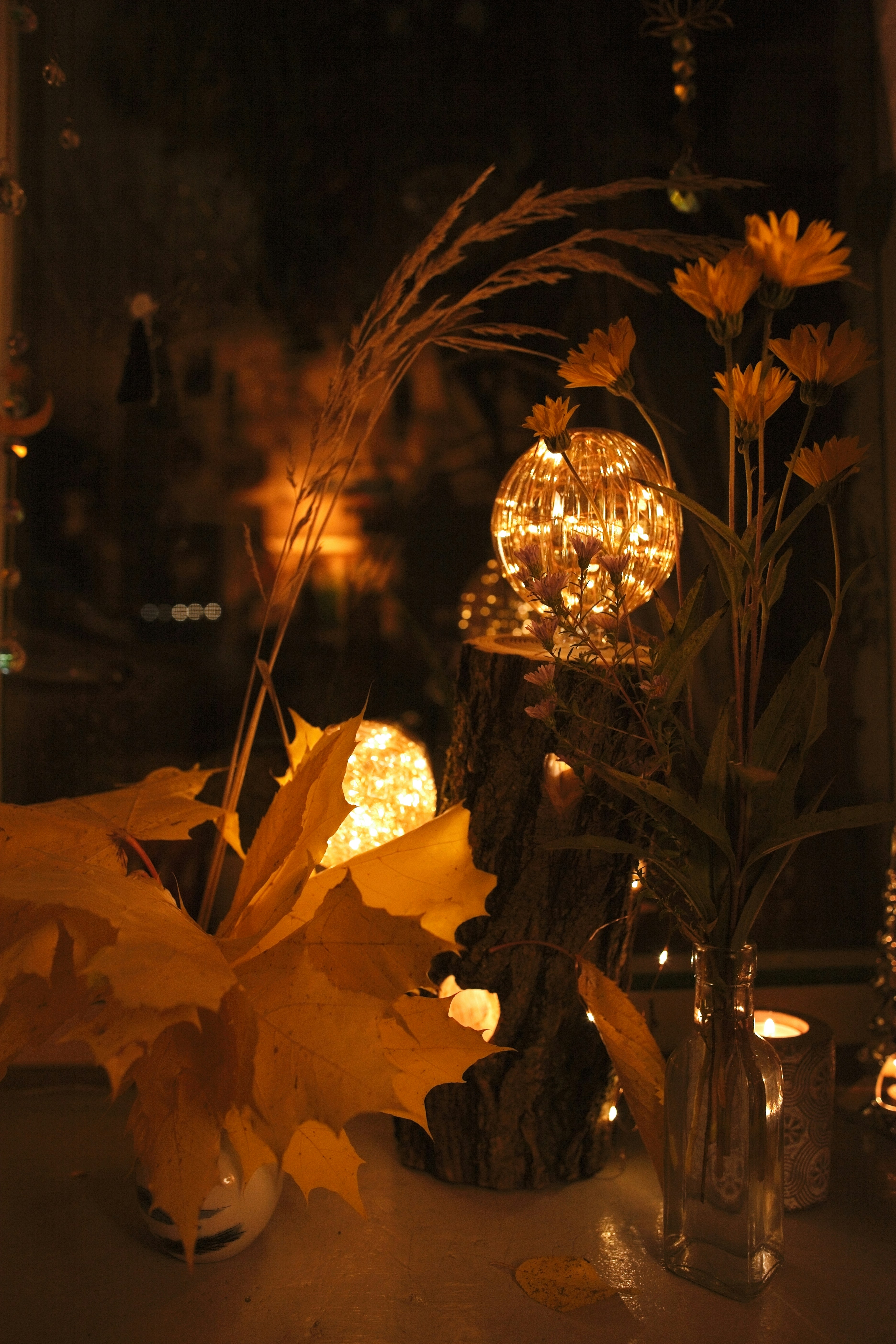Autumn leaves and flowers with fairy lights