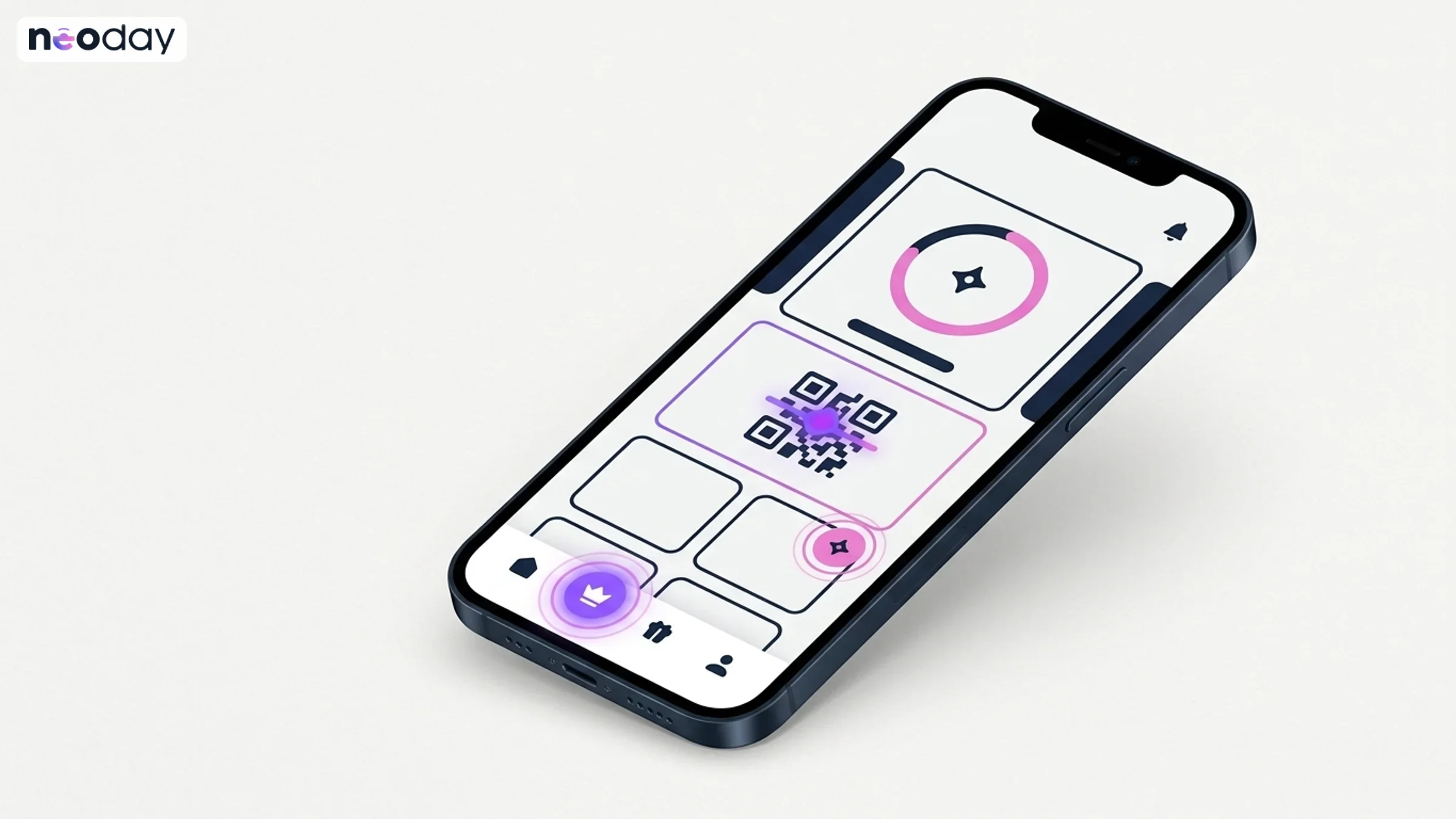 A retail app with loyalty entry points: home card, navigation tab, scan code and product page badge
