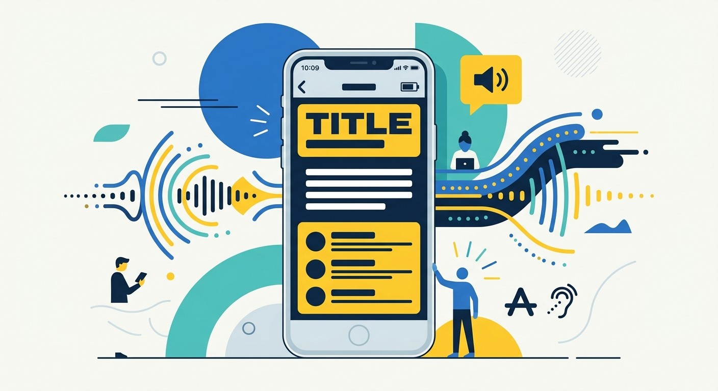 Illustration of mobile app accessibility with large dynamic type, VoiceOver audio waves, and high contrast