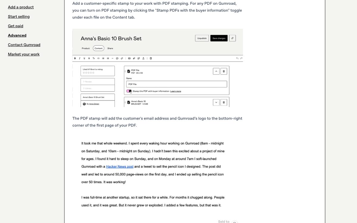 Gumroad’s help page on PDF stamping, with the stamping option in the product’s Content tab