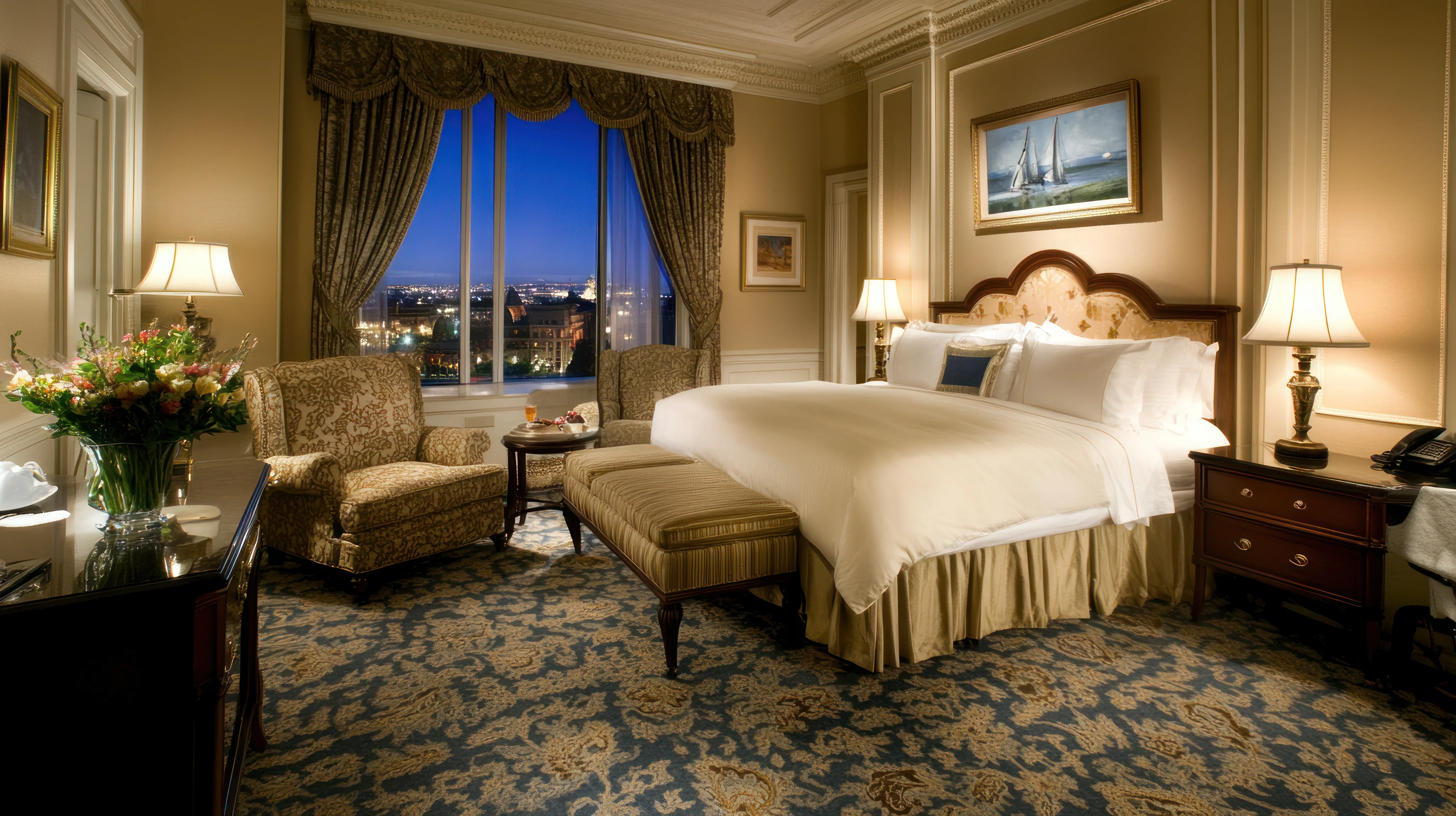 Grand classic room with a city view at night