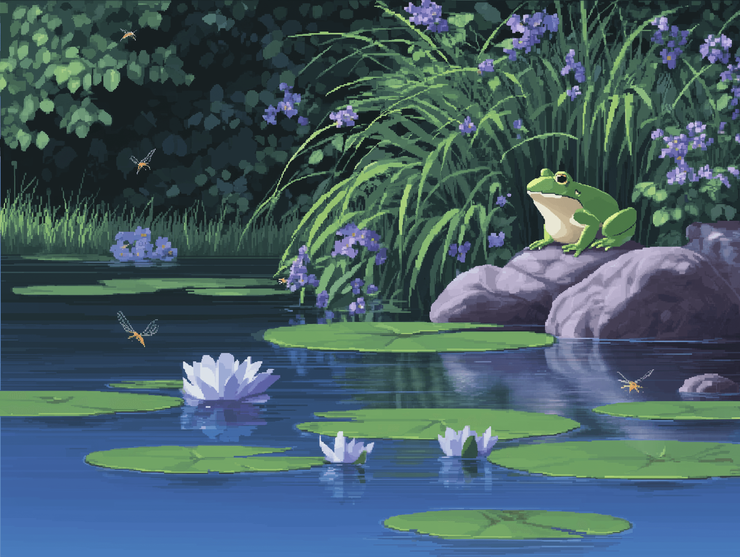 Pixel art of frog sitting by a pond.