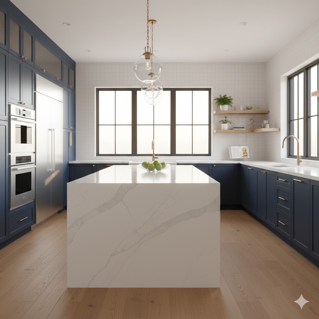 Kitchen remodel after completion, showing a white marble island in a home in Auburn California