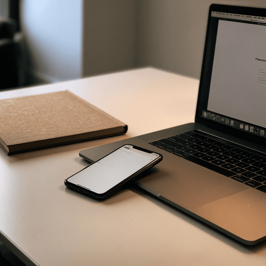 A closed notebook and a phone with a note-taking screen side by side on a desk