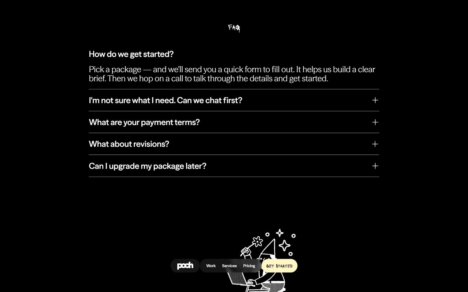 FAQ section with four expandable questions on a black background. Bottom right shows an illustration of a character with stars.
