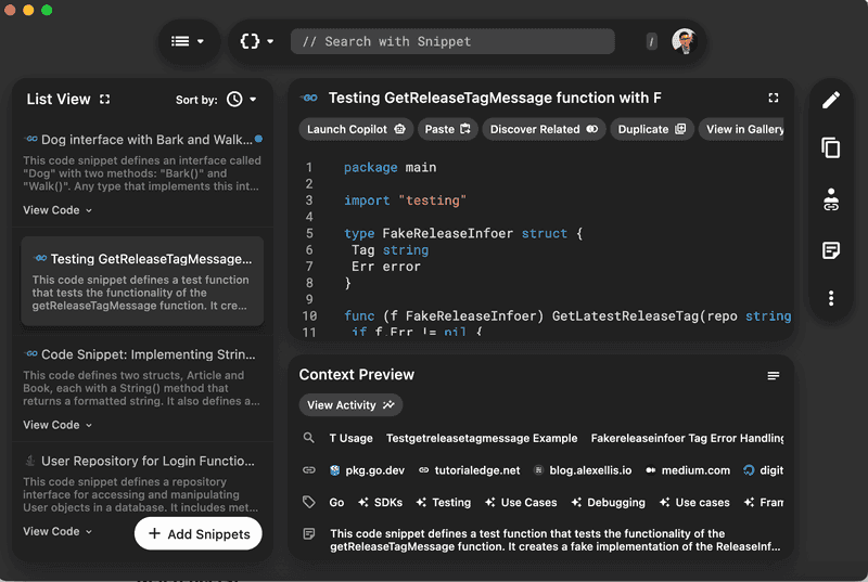 Pasted code snippet with auto-generated context by Pieces.