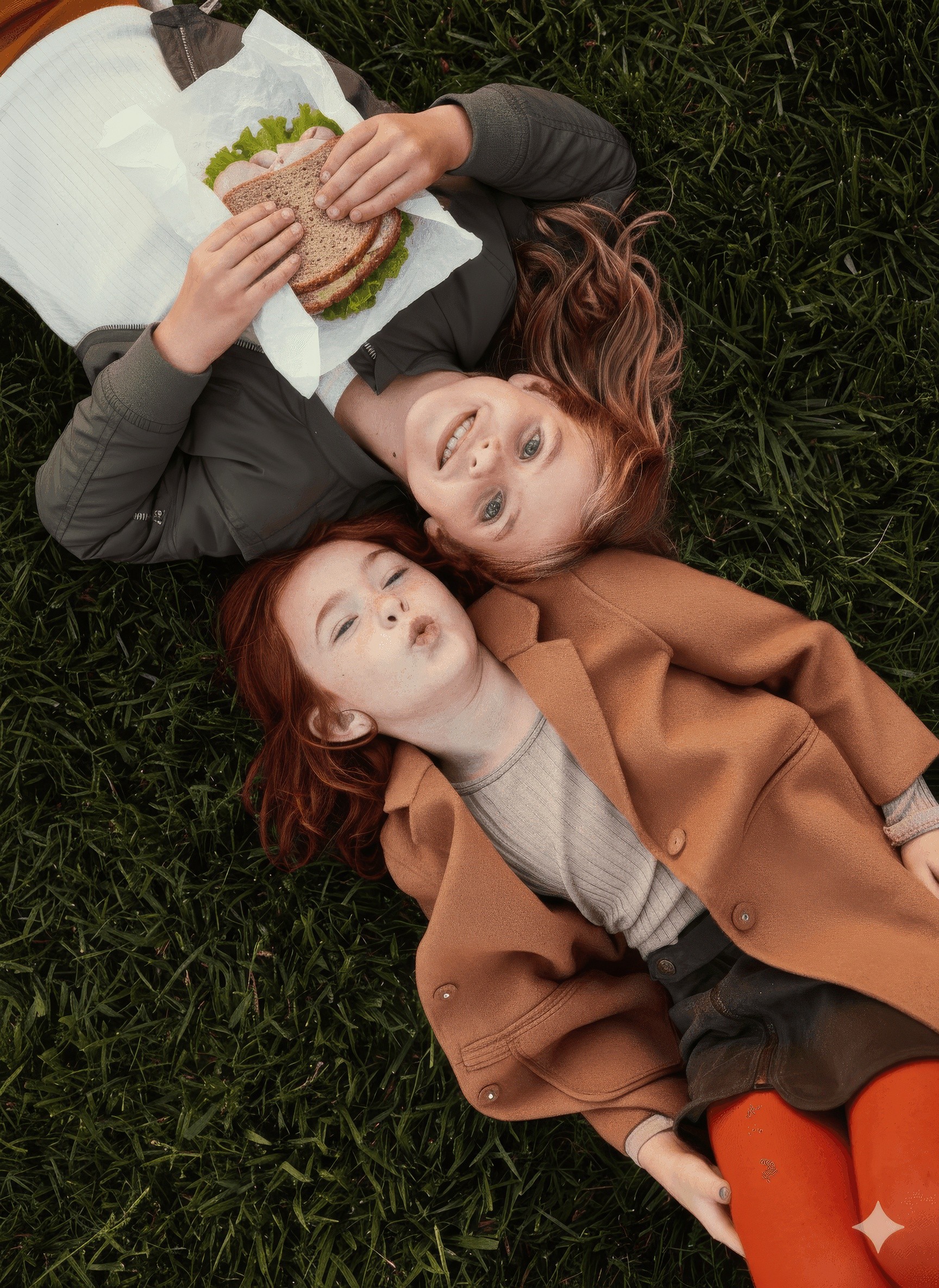 Two girls lying on grass, one with red hair and brown coat, the other with blonde hair and green jacket.