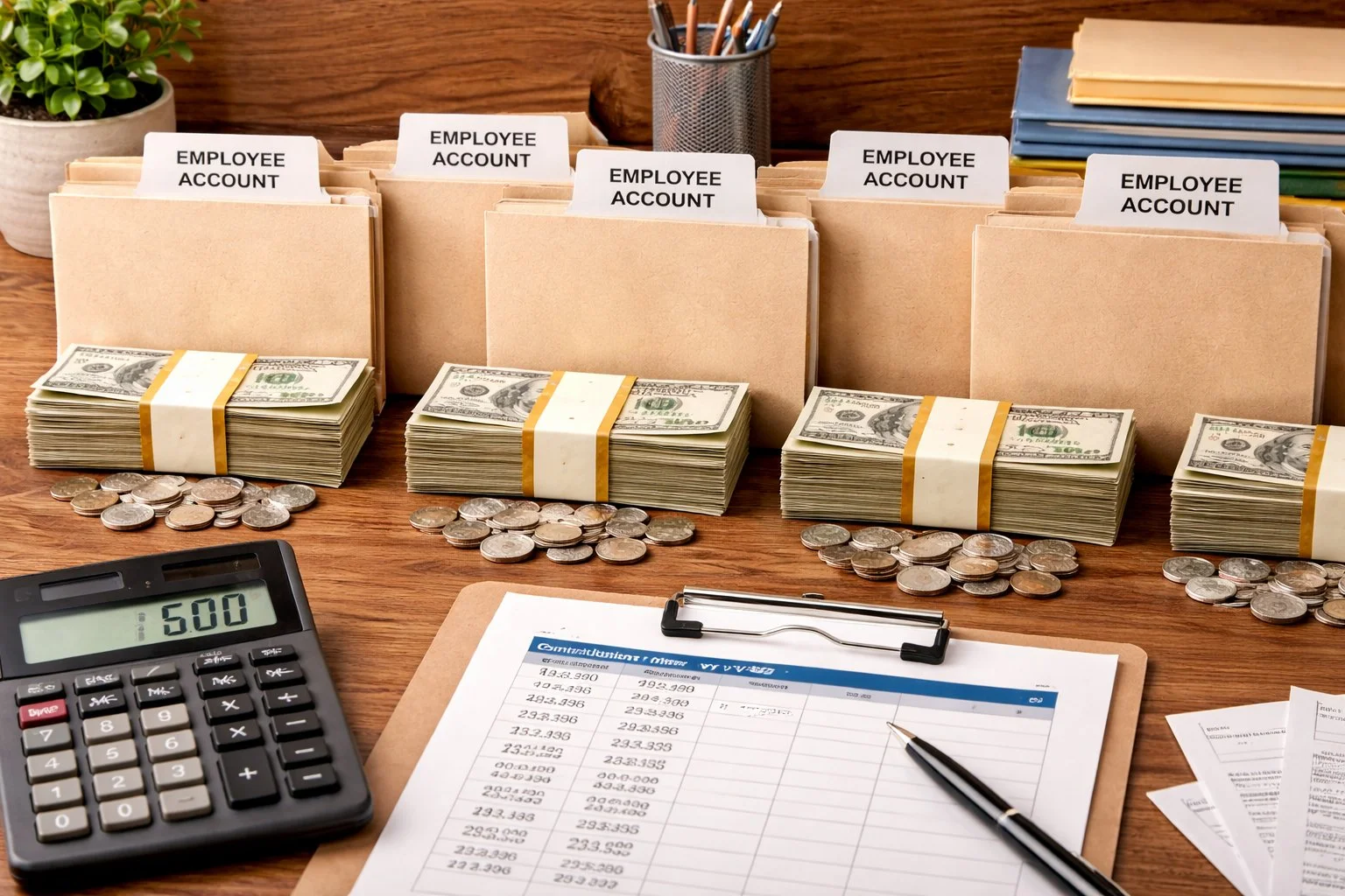 Evenly sized account folders arranged in a row, representing fair and equal contributions among employees.