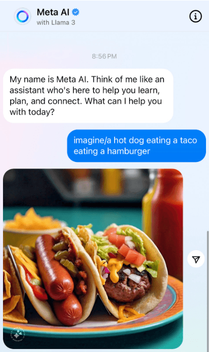 Screenshot of Meta AI chat. Asked to image a hot dog eating a taco eating a hamburger, replying with a picture of hot dogs and burgers inside taco shells.
