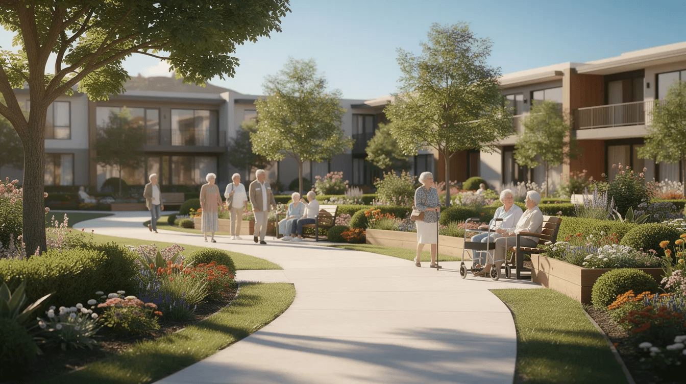 The image depicts a serene retirement community garden featuring winding walking paths surrounded by lush greenery and colorful flowers, providing a peaceful environment for residents to enjoy. This tranquil setting can be an essential aspect of planning for long term care, as it contributes to the overall well-being of individuals considering their future care costs and options.