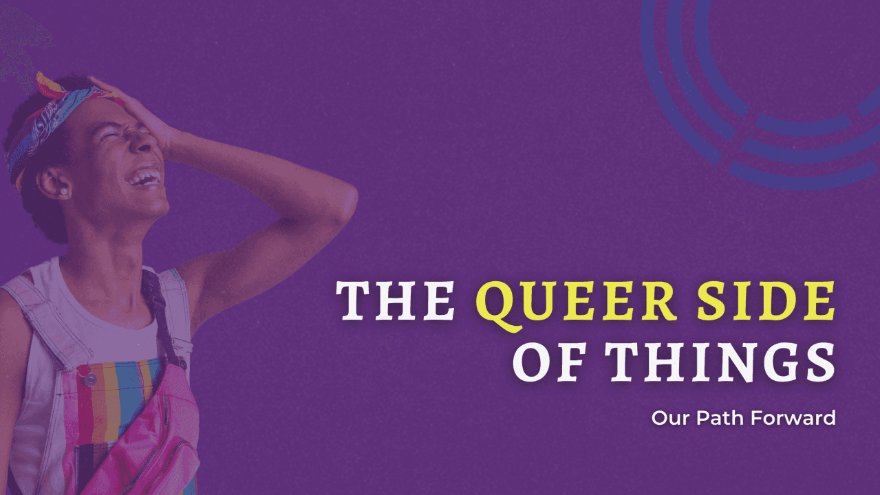 A person poses with a colorful outfit against a purple background, featuring the text "The Queer Side of Things."