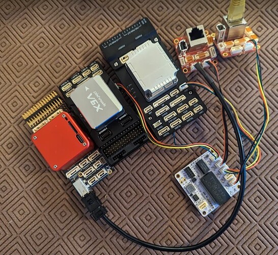Bench test of the ArduPilot Ethernet stack: Pixhawk V6X flight controller wired to SwitchBlox and cable adapter boards