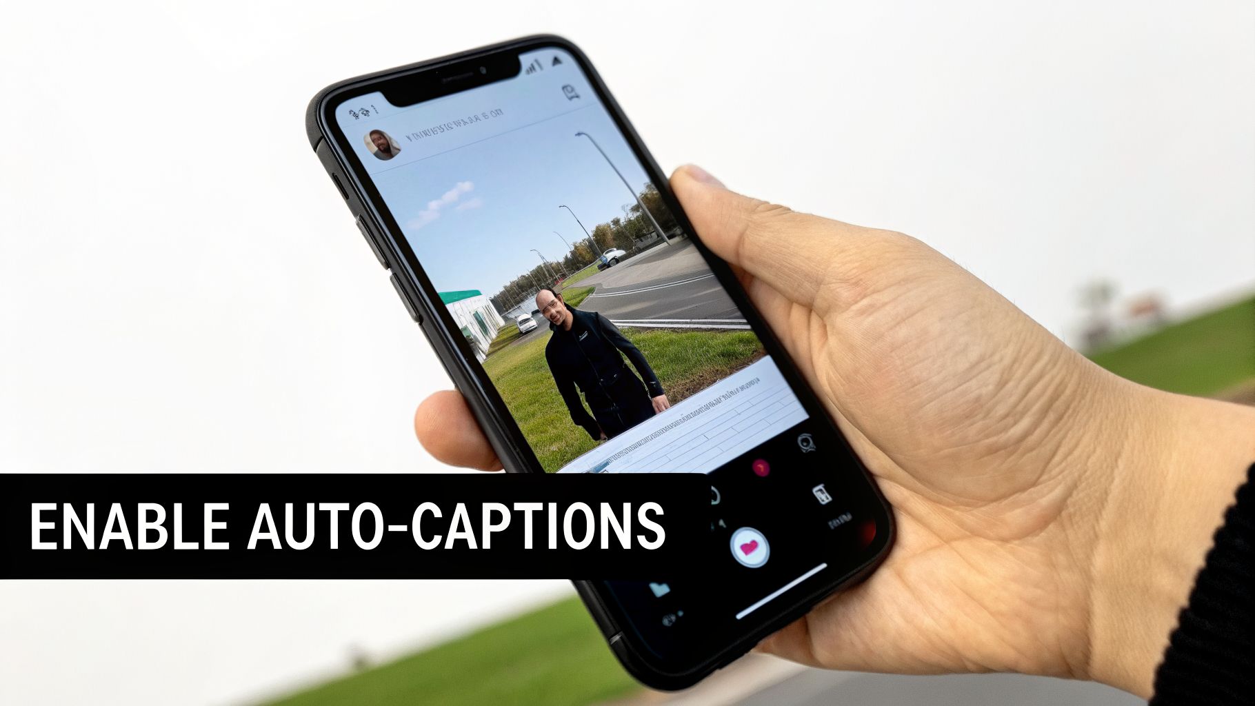 A hand holds a smartphone displaying a video with a man and 'ENABLE AUTO-CAPTIONS' text.