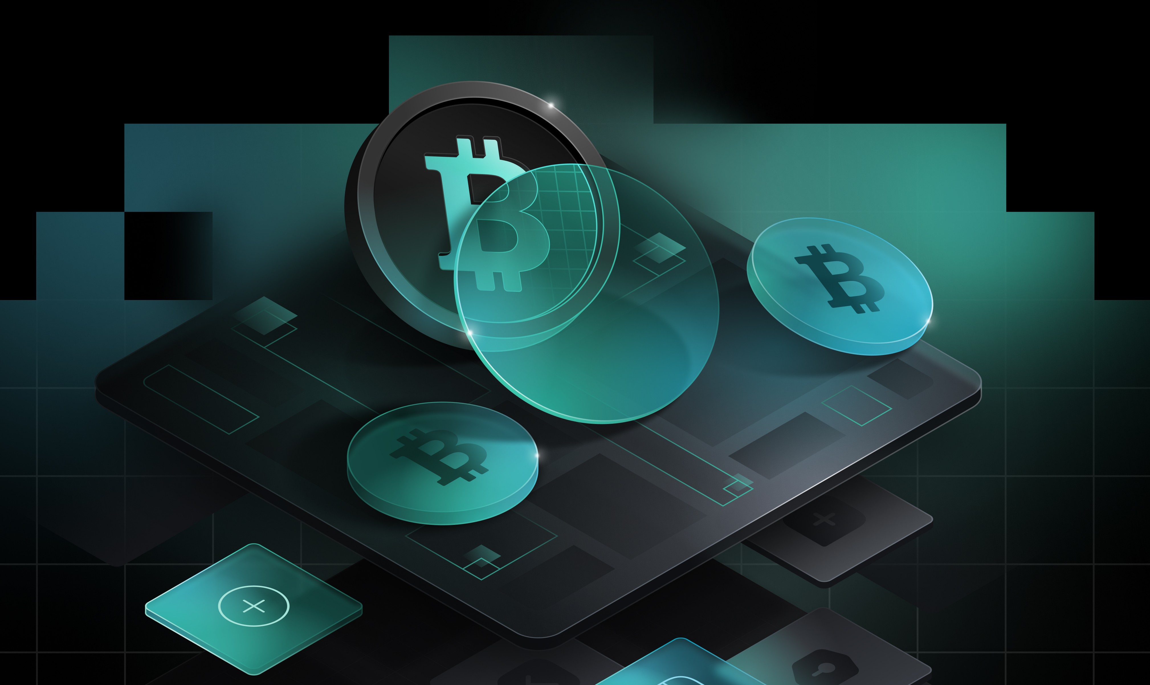 A close-up of a stylized Bitcoin tokens set against a dark, teal background.