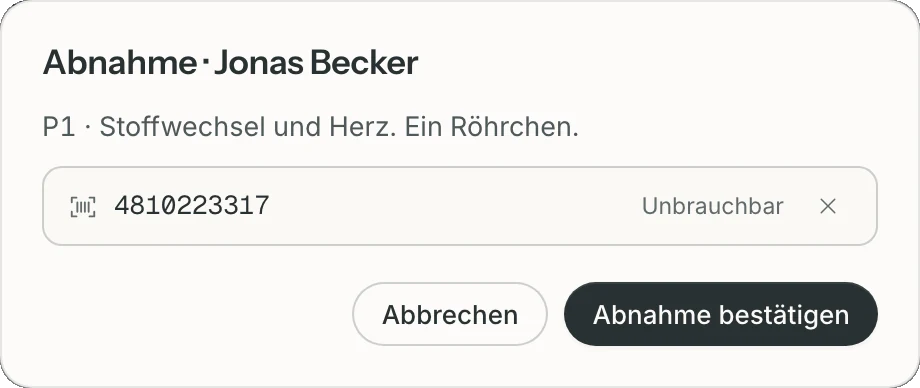 Partner-Portal: Abnahme, Röhrchen zugeordnet