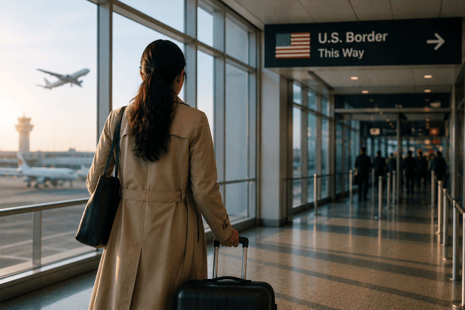 Traveller walking toward a U.S. border checkpoint at an airport, representing new opportunities after a record suspension in Canada