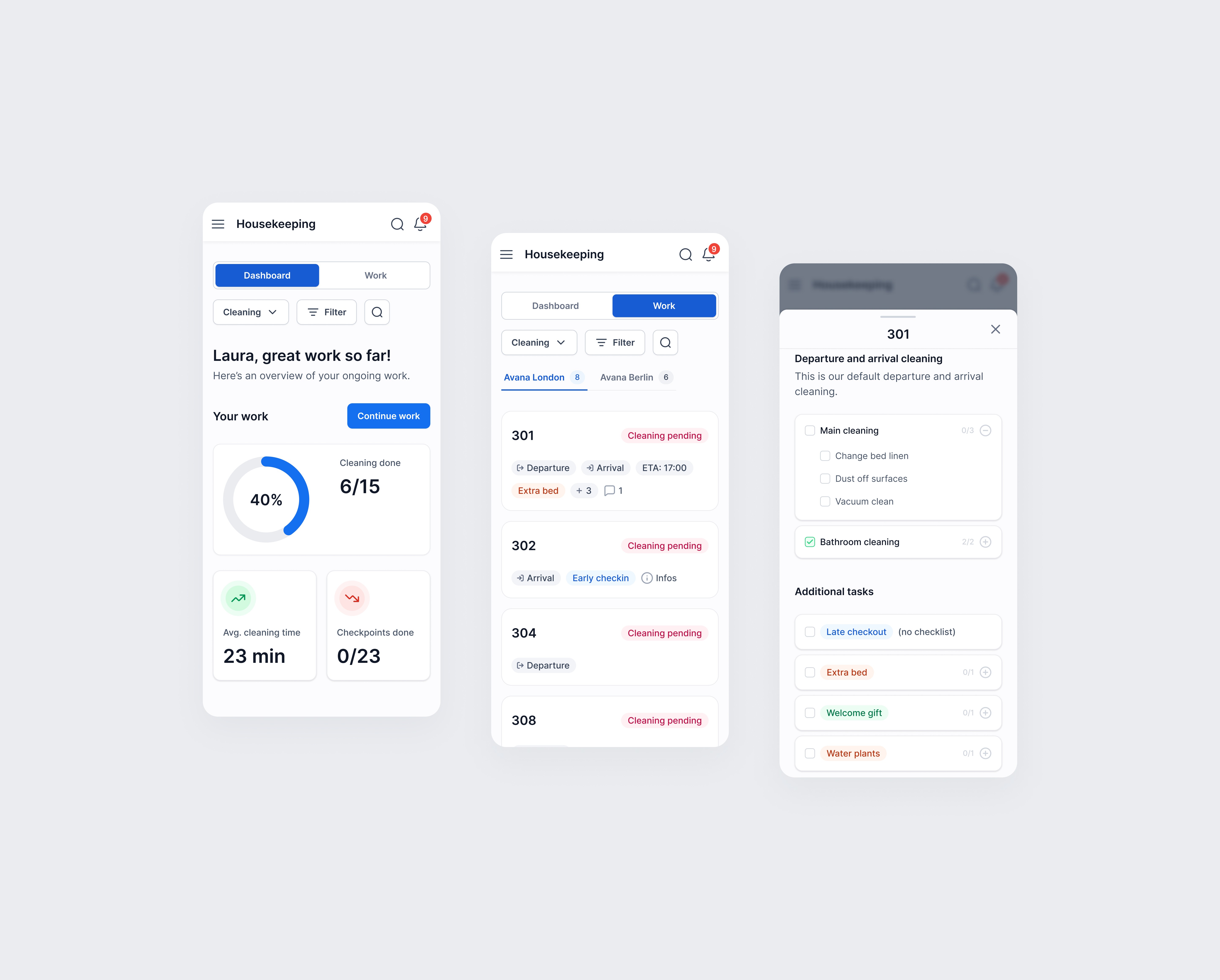 3 mobile screens for a housekeeping app