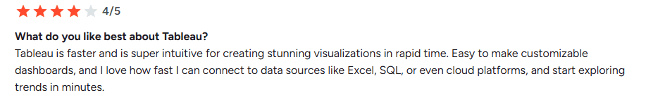 Tableau user review highlighting fast setup and intuitive visualizations