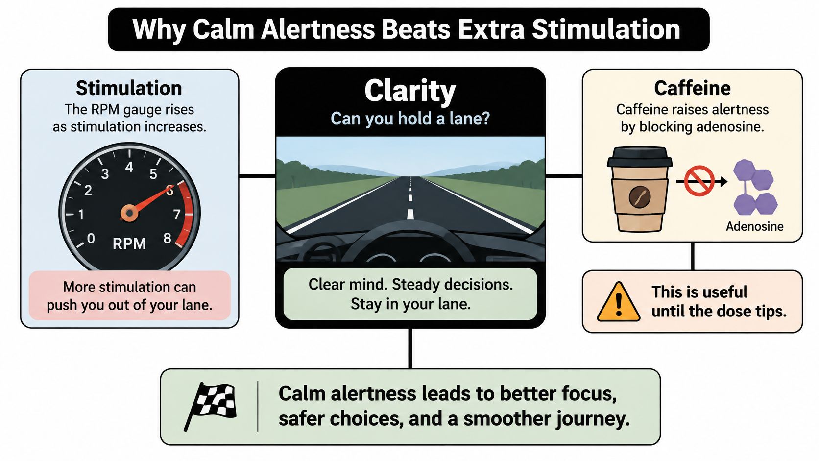 An infographic comparing stimulation and caffeine intake for improved mental clarity, focus, and performance.